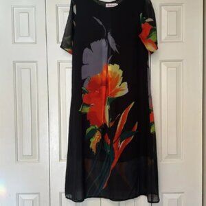 Fenlanse women midi dress size L (us s-m) black bright colored flowers